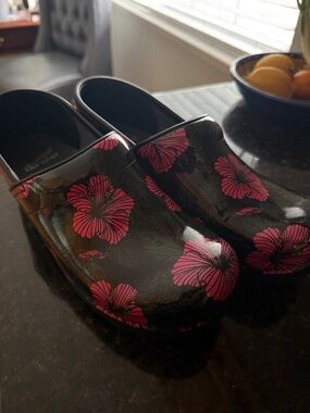 Dansko Black Patent Clogs with Pink Floral Print